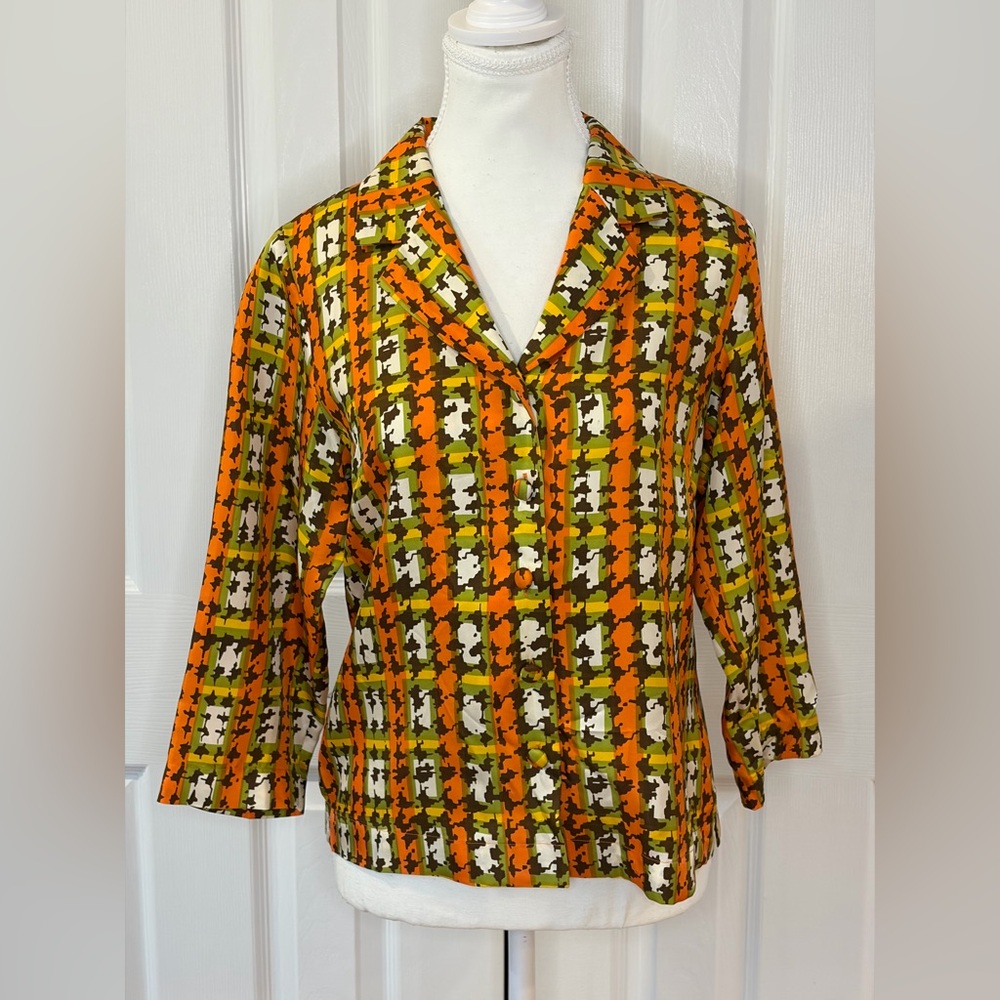 Trina Turk Orange, Yellow and Green Silk Button Up Blouse with 3/4 Sleeve Size M